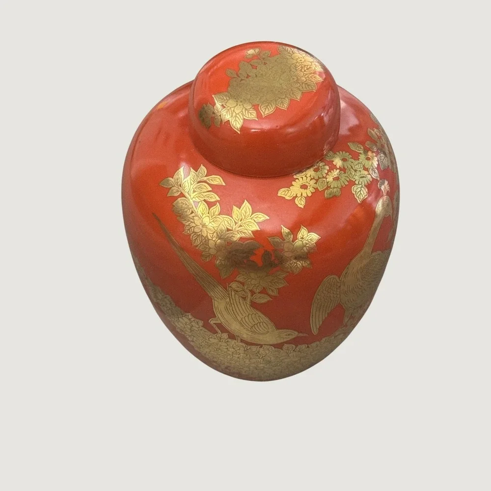 Vintage Andrea by Sadek Orange Gold Gilt Peacock Ginger Jar Chinoserie